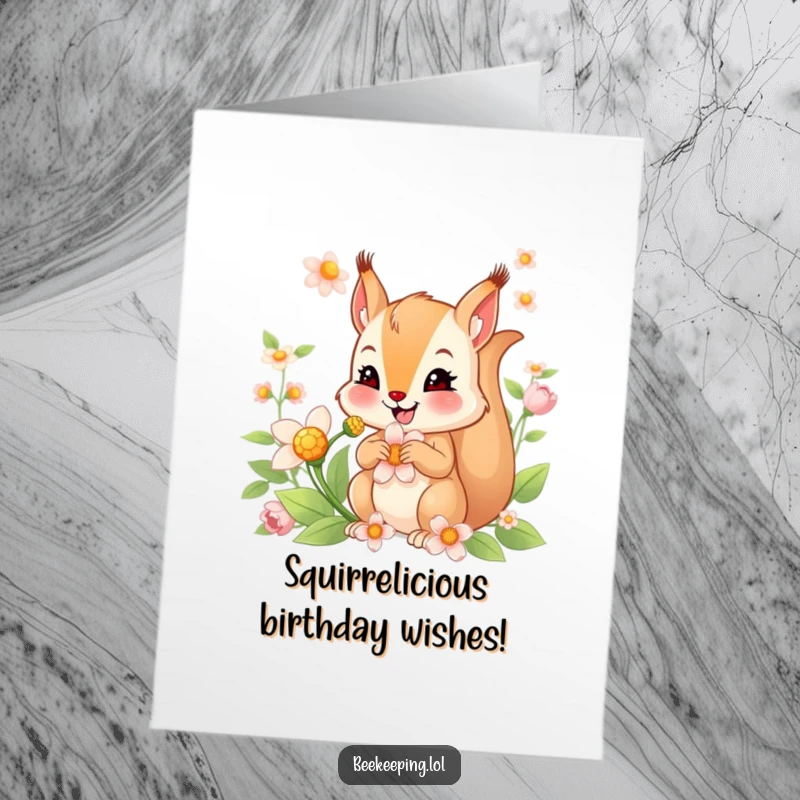 Funny Free Printable Birthday Card: Smiling squirrel collecting nectar from a flower, a cute and humorous downloadable card for birthdays.