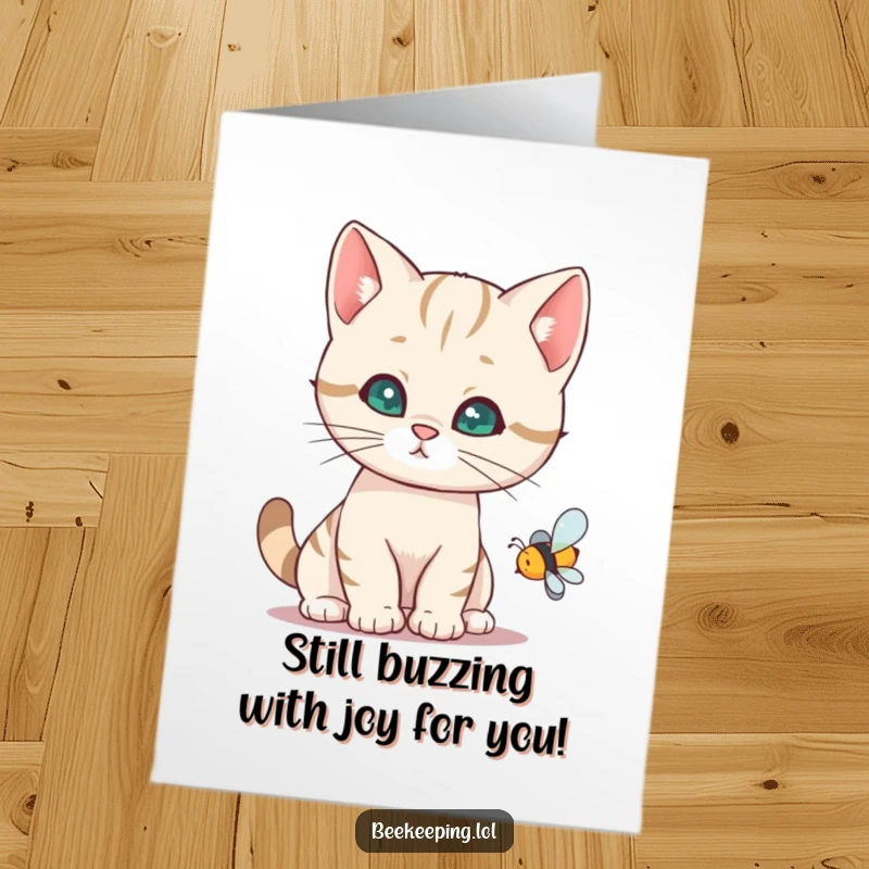 Funny Free Printable Birthday Card: Curious cat peeking at a buzzing bee, looking perplexed.