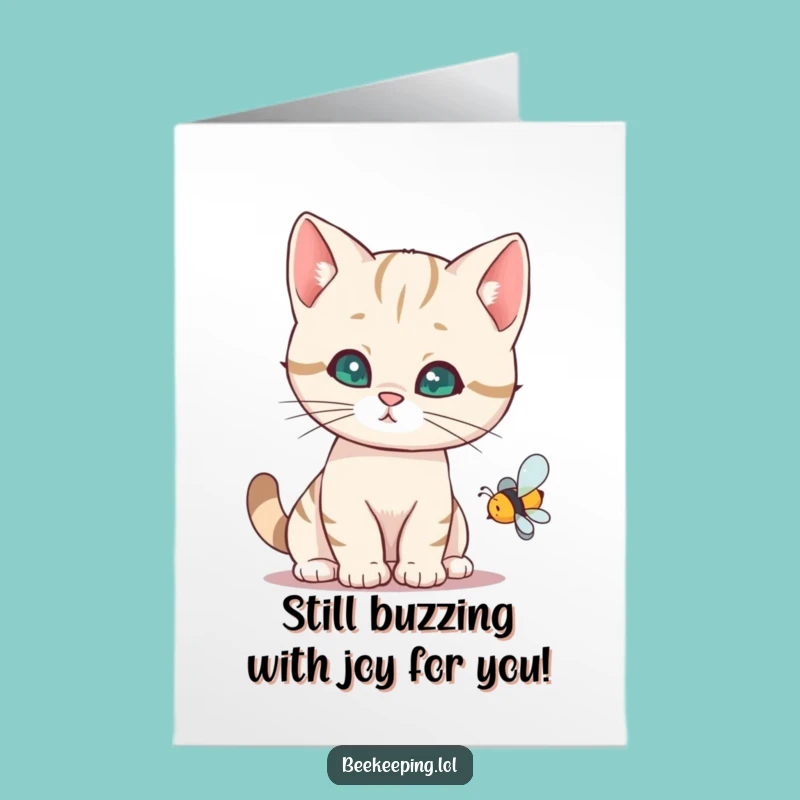 Free Printable Funny Cat Birthday Card: Curious Kitty Amazes on Bee