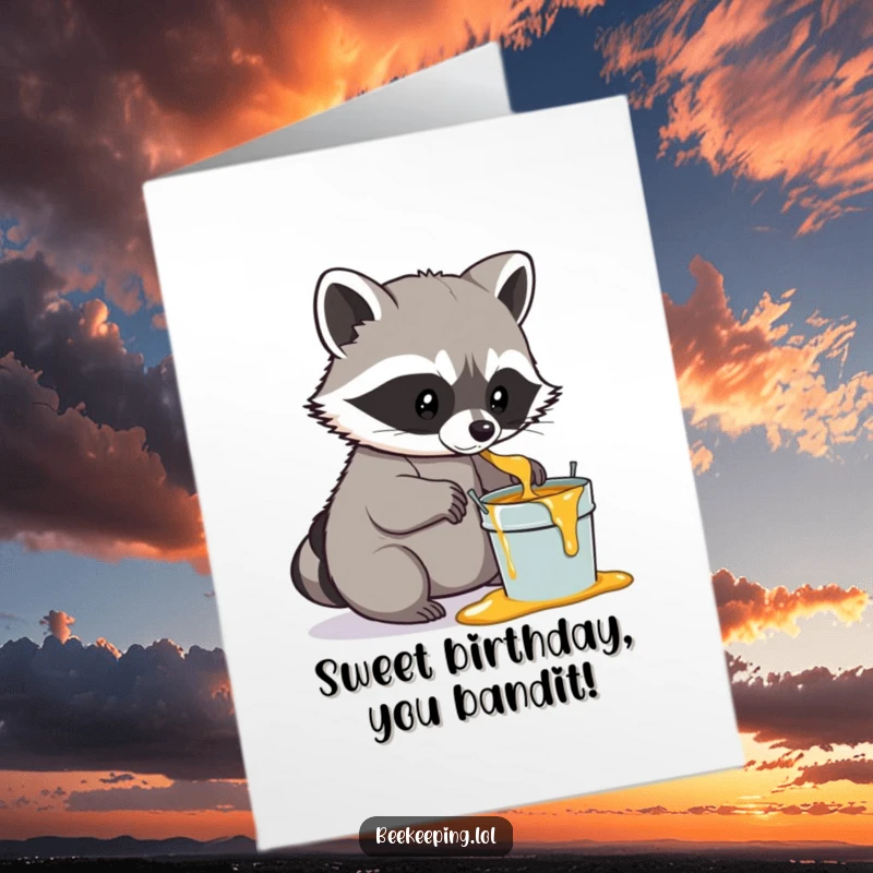 Funny free printable birthday card featuring a determined raccoon scooping honey into a pail.