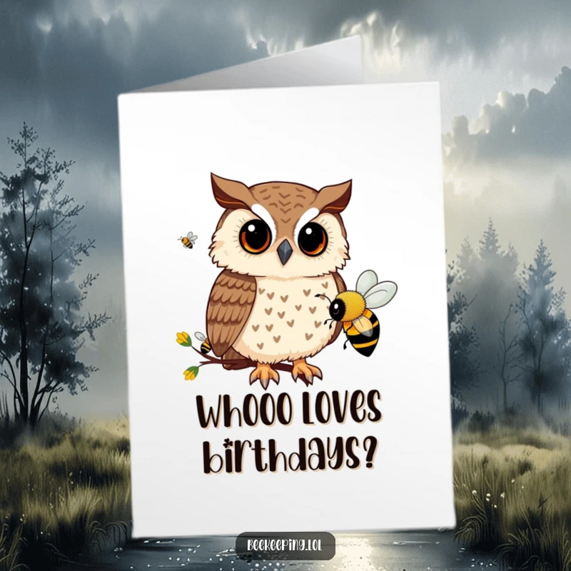 Funny Free Printable Birthday Card: Curious owl observing bees, a wise and humorous downloadable card for birthdays.