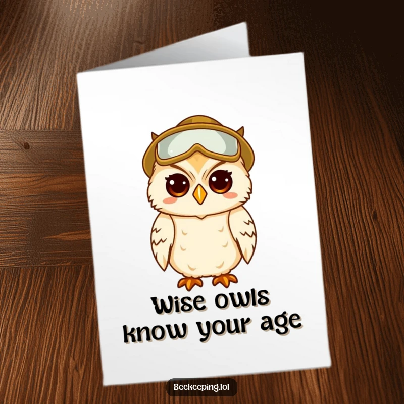 Funny Free Printable Birthday Card: A wise owl in beekeeper attire, smiling amusingly, a perfect DIY gift.
