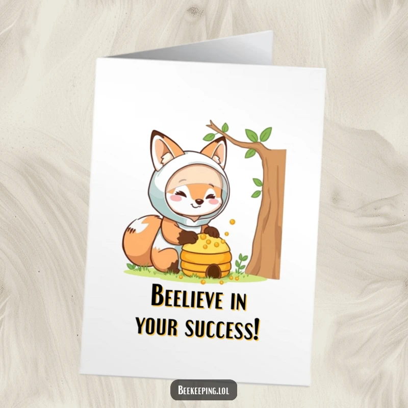 Funny Free Printable Congratulations Card: Fox beekeeper smiling gently, offering a sweet congratulatory message.