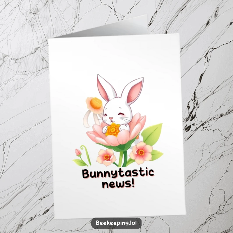 Funny Free Printable Congratulations Card: A playful bunny enjoying nectar from a huge flower, celebrating wins.