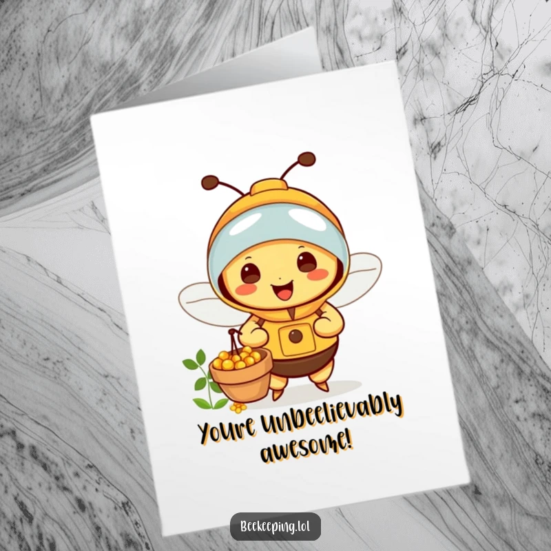 Funny Free Printable Beekeeper Bee Congratulations Card tiny bee in a suit celebrating, perfect downloadable congratulations gift.