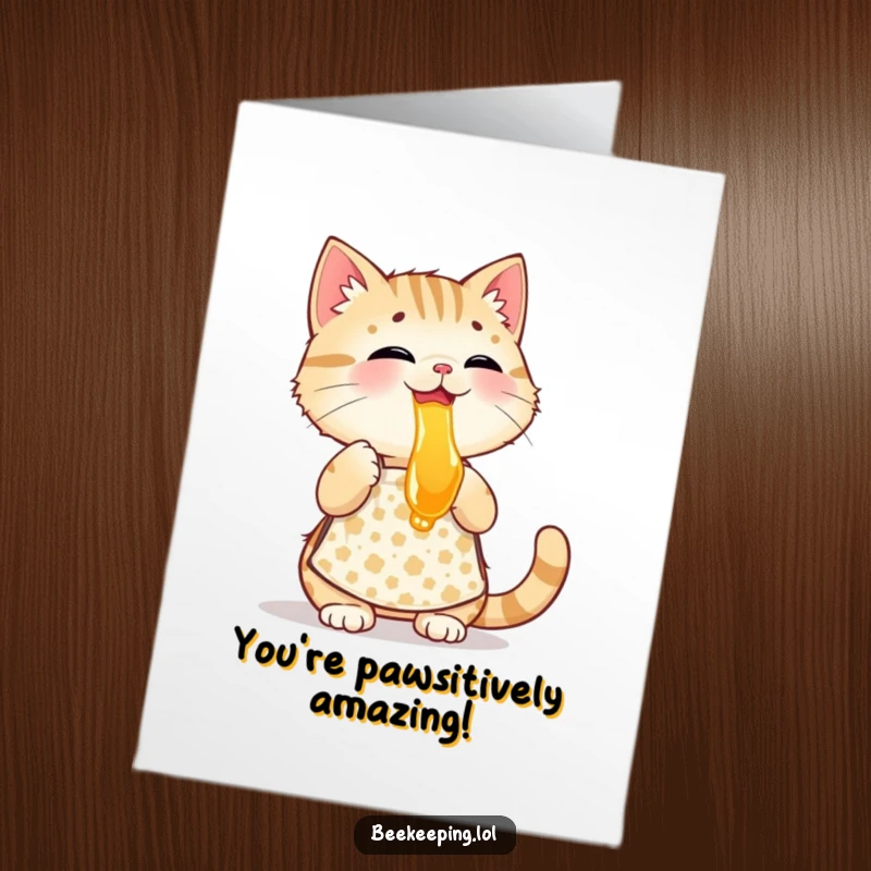 Funny Free Printable Cat Congratulations Card: Playful cat in apron tastes honey, ideal for joyful DIY greetings.