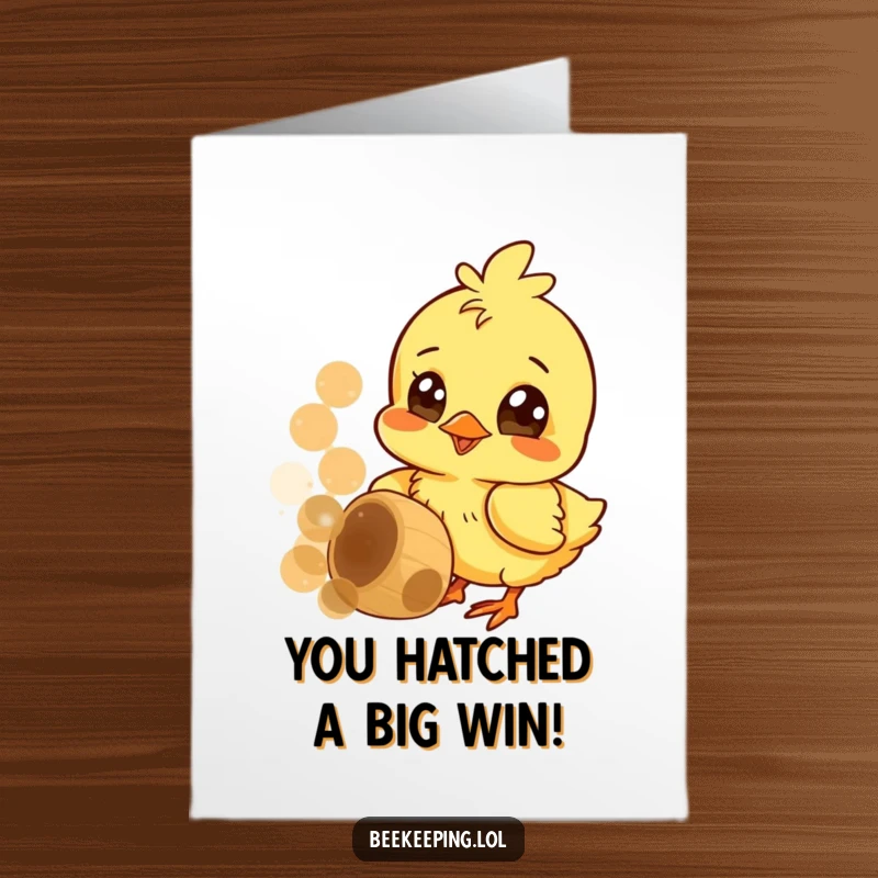 Funny Free Printable Chick Congrats Card: A curious chick pecking at a honeycomb, celebrating a sweet accomplishment.