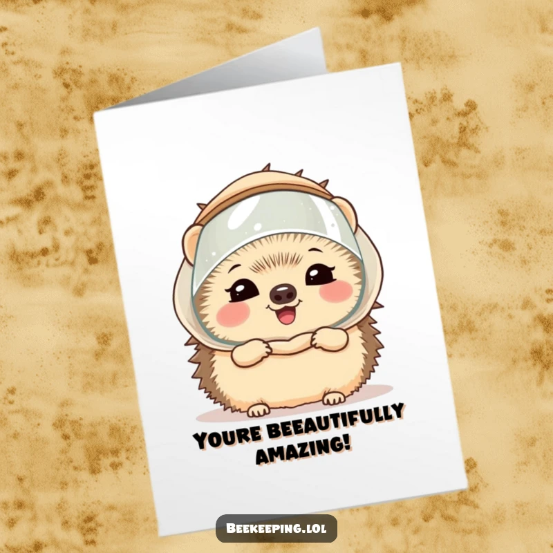 Funny Free Printable Congratulations Card showing a giggling hedgehog in a miniature beekeeper veil, celebrating good news.