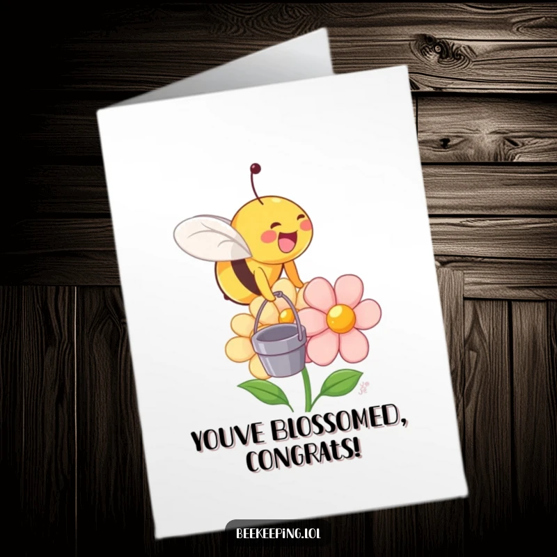 Funny Free Printable Congratulations Card: A joyful bee lands on a smiling flower holding a tiny bucket.