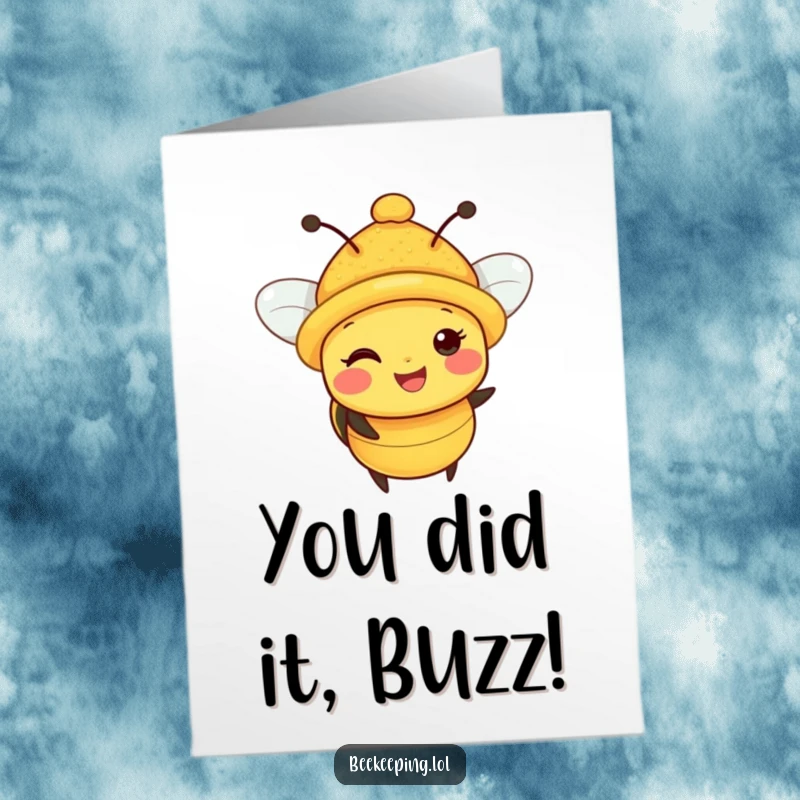 Funny Free Printable Congratulations Card: A happy bee with a pollen-covered tiny hat, buzzing with good news.