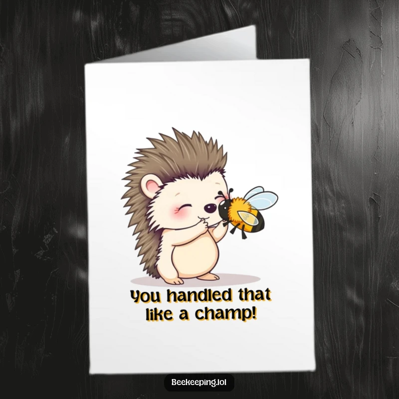 Funny Free Printable Congratulations Card: A wobbly hedgehog carefully brushes a bee, a charming downloadable gift for a brave feat.