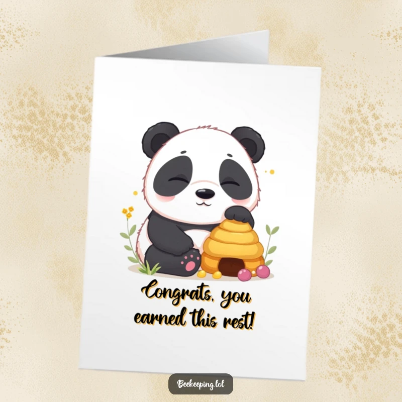 Free Printable Congratulations Card art of a sleepy panda cub resting peacefully by a beehive, ideal for downloadable congrats.