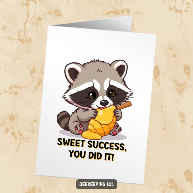 Funny Free Printable Congratulations Card showing a raccoon celebrating a honey heist, ideal for downloadable congrats messages.