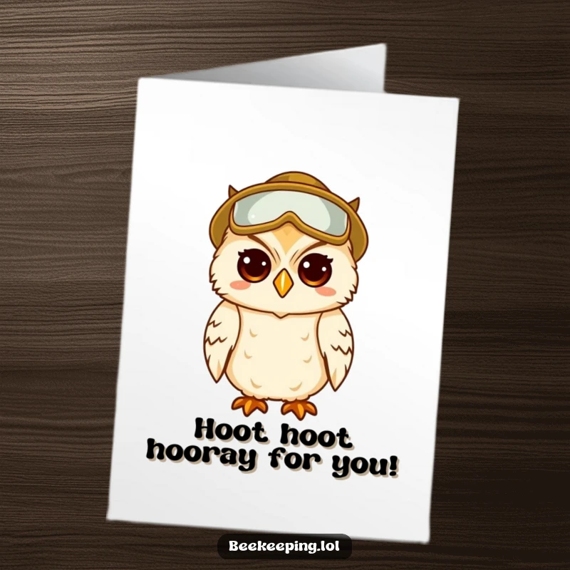 Funny Free Printable Congratulations Card: An amused owl wearing beekeeper gear, ready to celebrate, a wonderful downloadable gift.