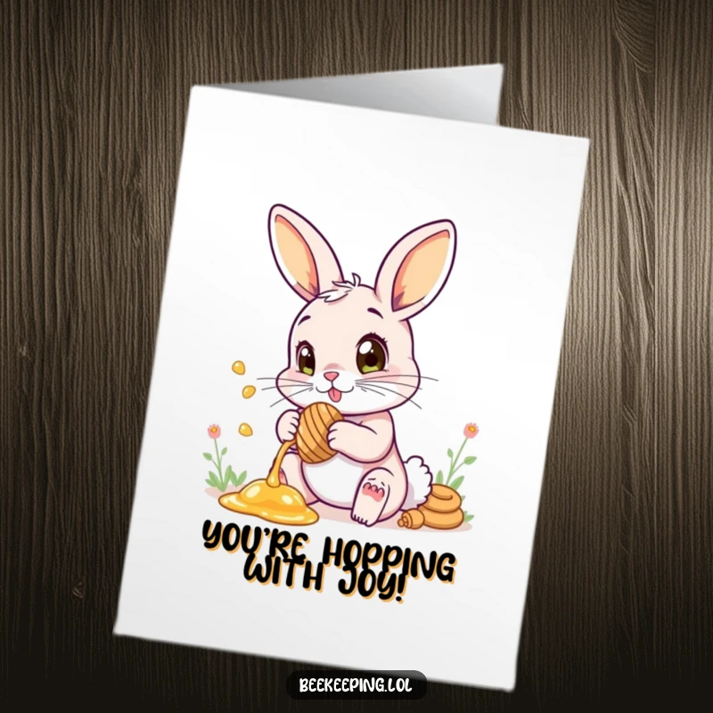 Funny Free Printable Congratulations Card: A bunny wide-eyed with wonder collecting honey, a delightful downloadable gift.