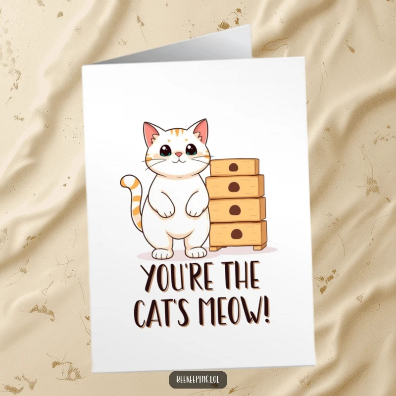 Funny Free Printable Congratulations Card: A proud cat standing beside a stack of empty beehives, looking accomplished. Humorous and triumphant.