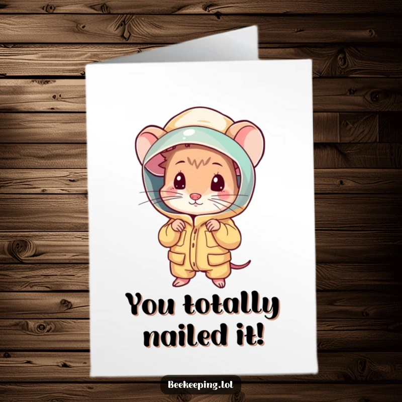 Funny Free Printable Congratulations Card: A shy mouse peeking out of a beekeeping suit, offering congratulations with a nervous smile. Sweet and humorous.