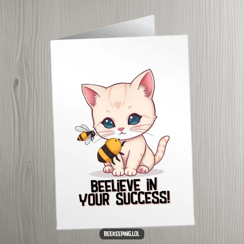Funny Free Printable Congratulations Card: A curious cat intently observing a buzzing bee in mid-air.