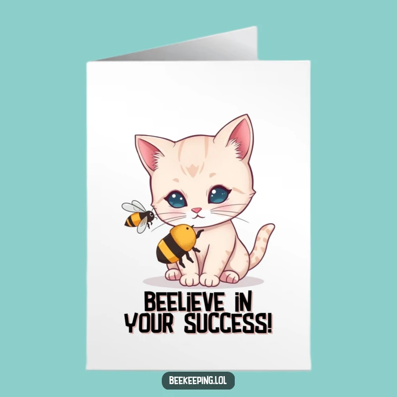 Free Printable Funny Cat Congrats Card: Curious Kitty & Bee Humorous Downloadable Gift
