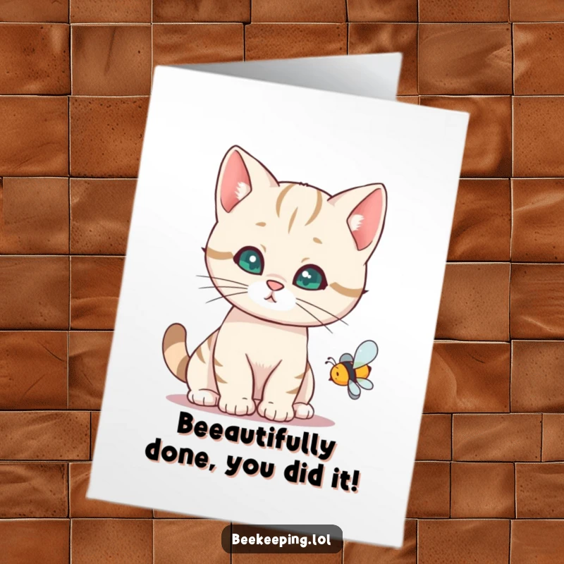 Funny Free Printable Congratulations Card: Curious cat riding a giant bee, celebrating success.