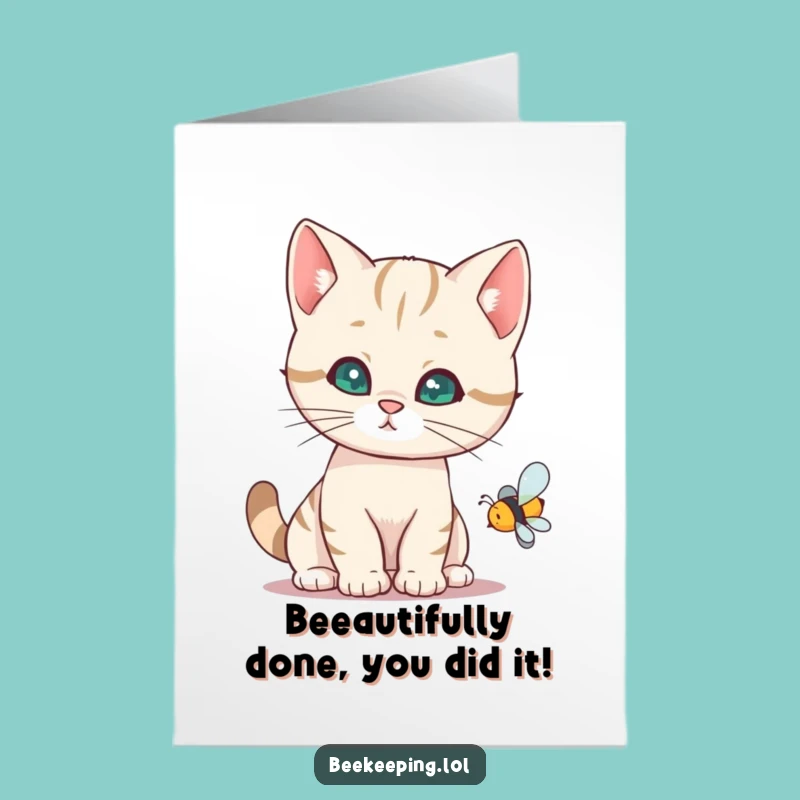 Free Printable Funny Cat Congrats Card: Cute Kitty on Bee
