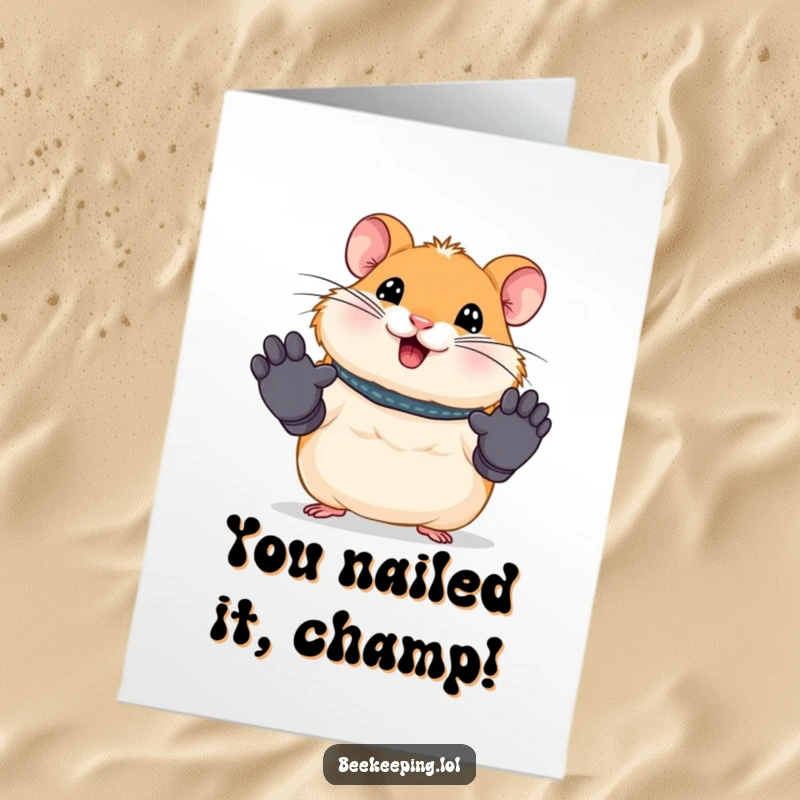 Funny Free Printable Congratulations Card: A smiling hamster in tiny gloves, diligently working at a desk.