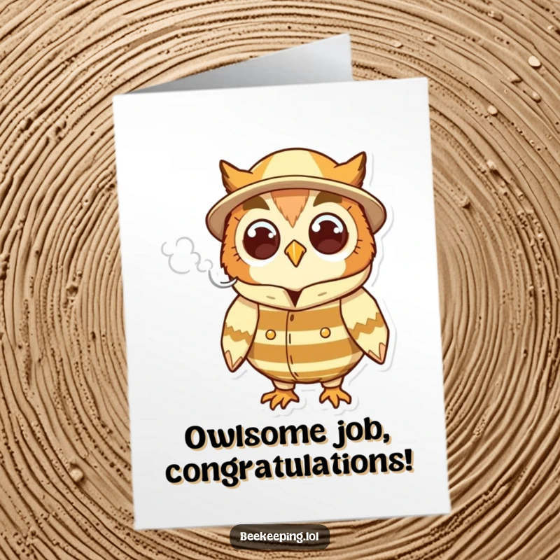 Funny Free Printable Owl Congratulations Card: Cheerful owl beekeeper with smoke, perfect for wise DIY congratulations.