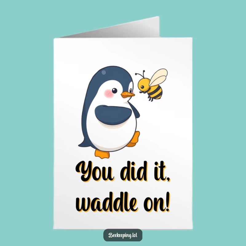 Free Printable Penguin Congrats Card: Shy Near Bee, Downloadable Funny Gift