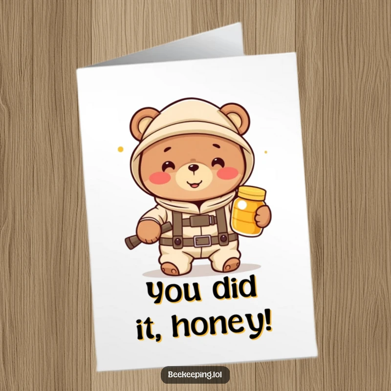 Free Printable Congratulations Card: A cheerful bear beekeeper offers a jar of honey, celebrating sweet success with a grin.
