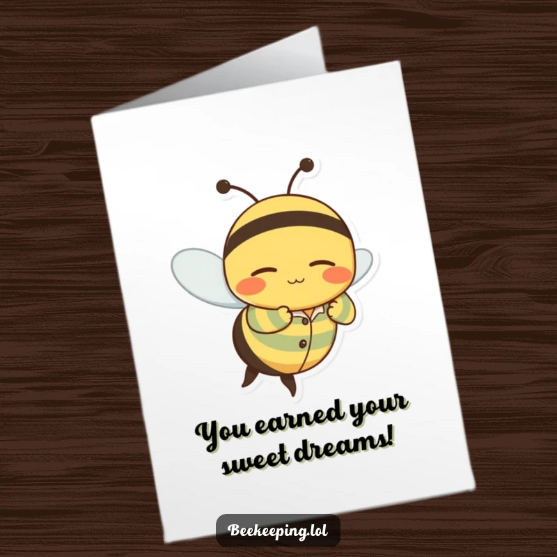 Funny Free Printable Sleepy Bee Congrats Card: A wobbly bee in striped pajamas flying with a sleepy grin, celebrating.