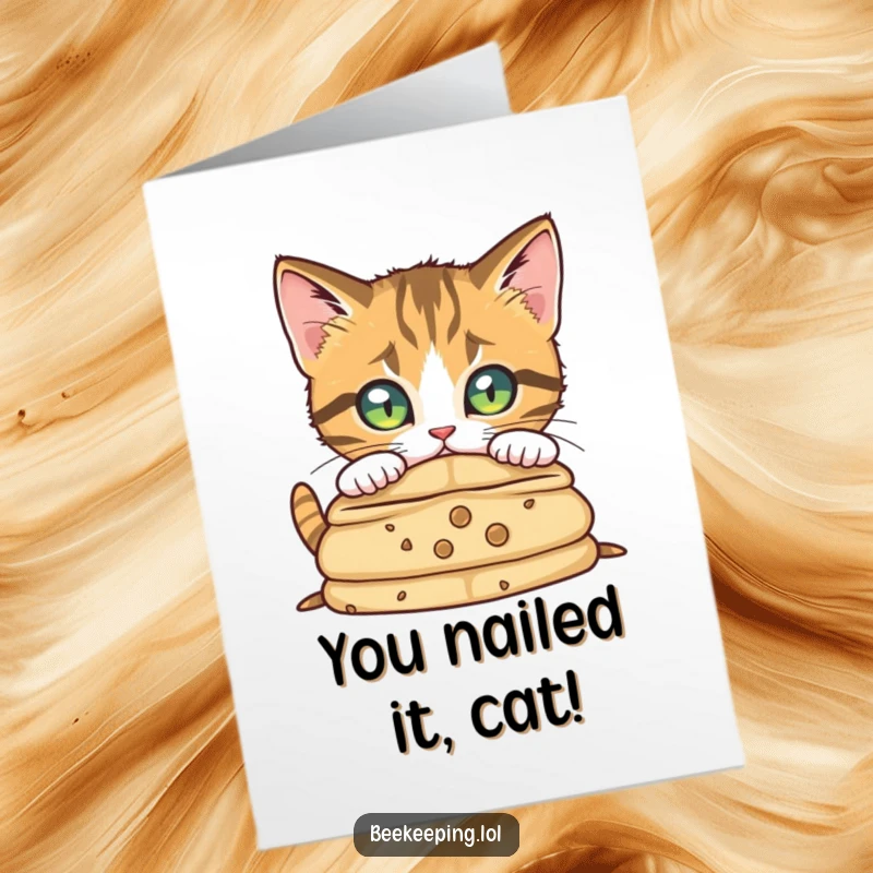 Free Printable Congratulations Card: A curious cat with focused eyes peers into a beehive, symbolizing keen observation and success.