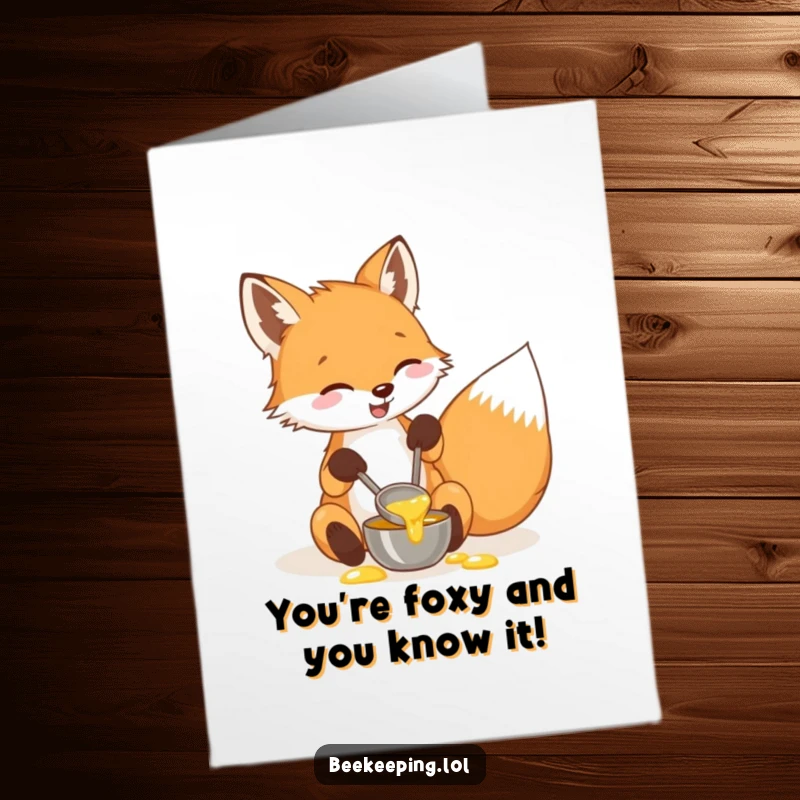 Funny Free Printable Congrats Card: Delighted fox using a small ladle to collect honey, celebrating success.