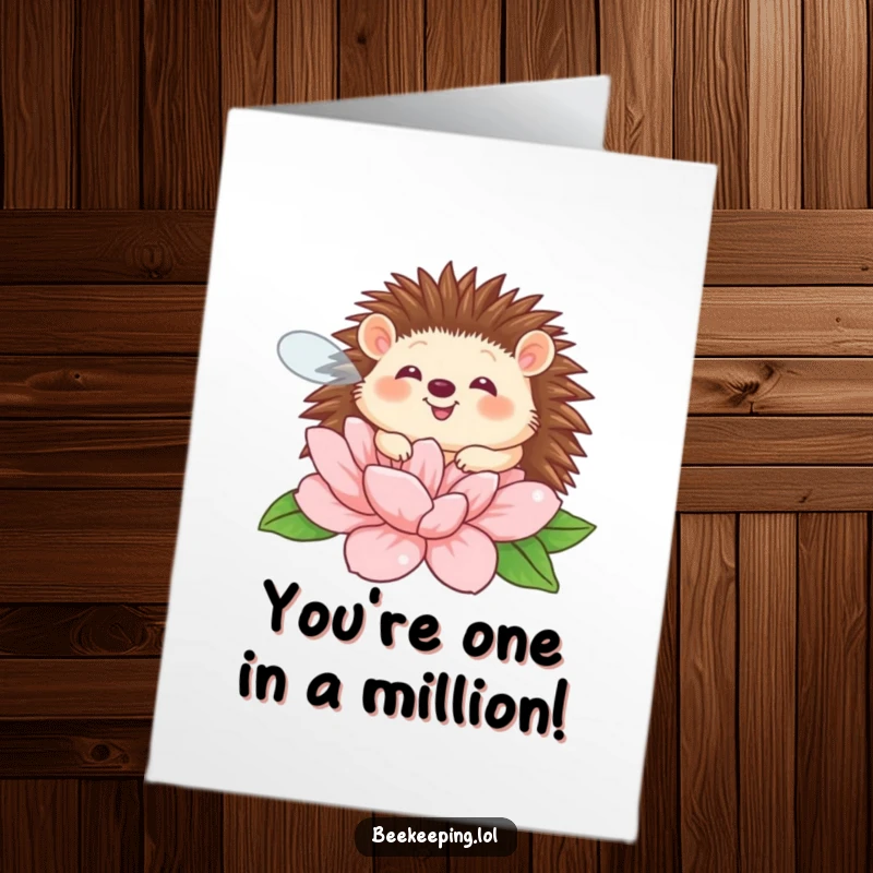 Funny Free Printable Congratulations Card: A giggling hedgehog with wings buzzing happily near a large flower. Joyful and amusing.