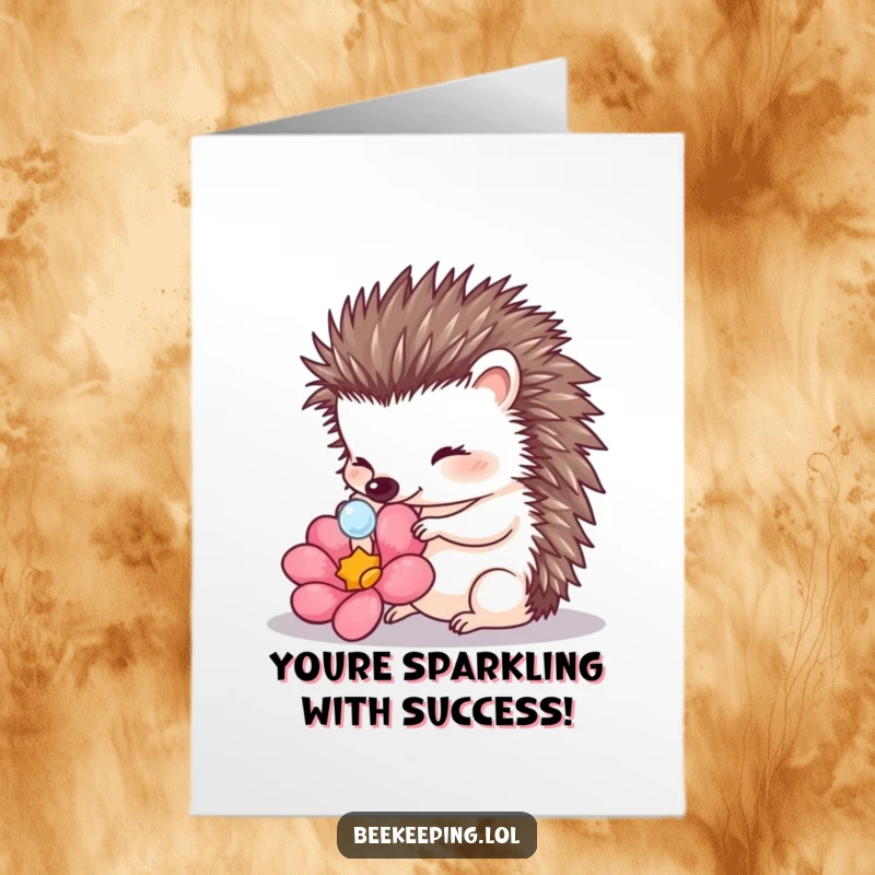 Free Printable Congrats Card: A charming hedgehog delicately touches a dewdrop on a flower. An elegant and peaceful design.