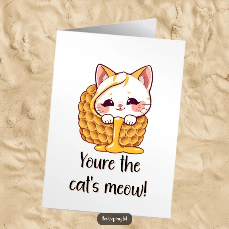 Funny Free Printable Congratulations Card: Curious cat peeking into dripping honeycomb, celebrating sweet success.
