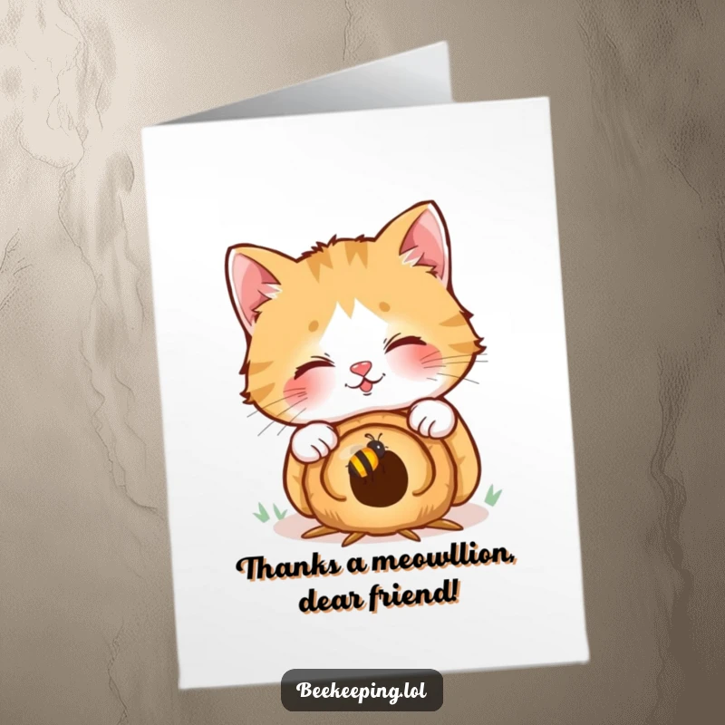 Funny Free Printable Thank You Card: Giggling cat investigates a miniature beehive, a humorous thank you note.