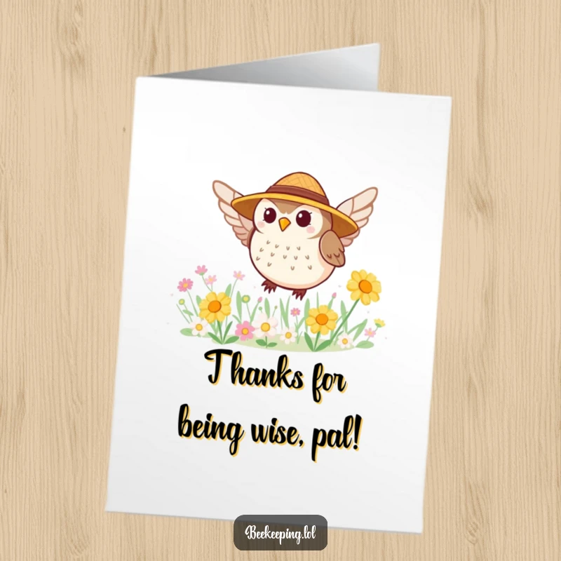 Funny Free Printable Owl Thank You Card: A tiny round owl wearing a straw hat buzzing happily among flowers.