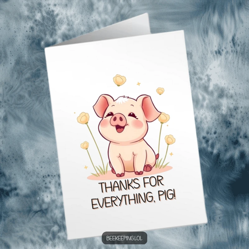 Funny Free Printable Thank You Card: Delighted piglet watching floating seed heads, a sweet and humorous downloadable card for thanks.