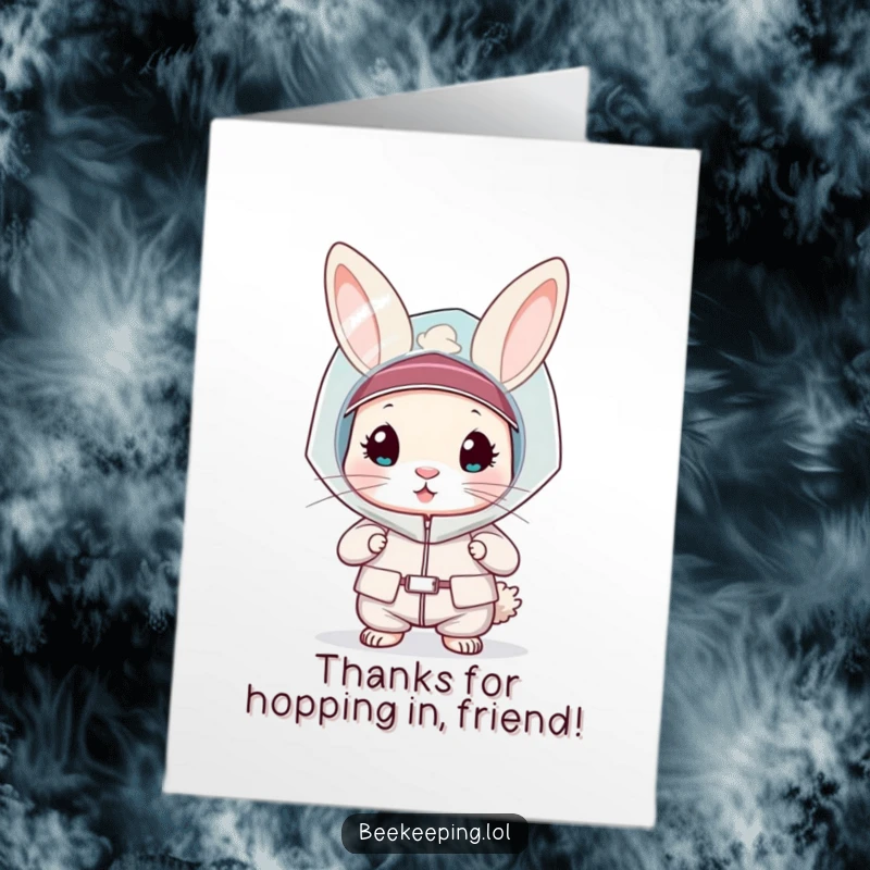 Funny Free Printable Thank You Card: Rabbit in a protective bee suit and veil, showing thanks.