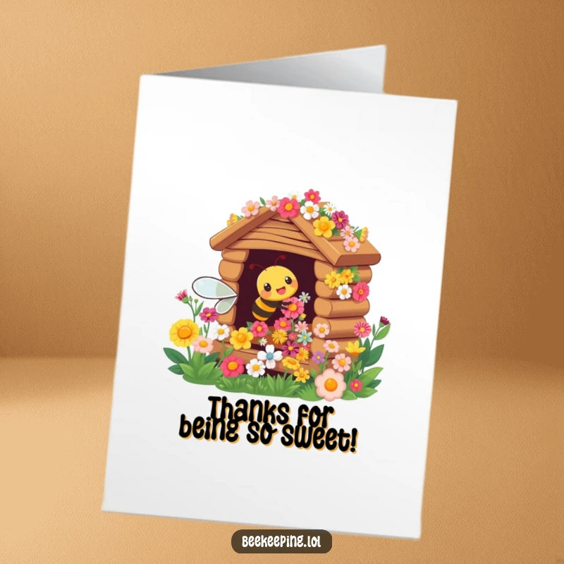 Funny Free Printable Thank You Card: A happy busy bee amidst a hive bursting with flowers, a sweet downloadable gift.