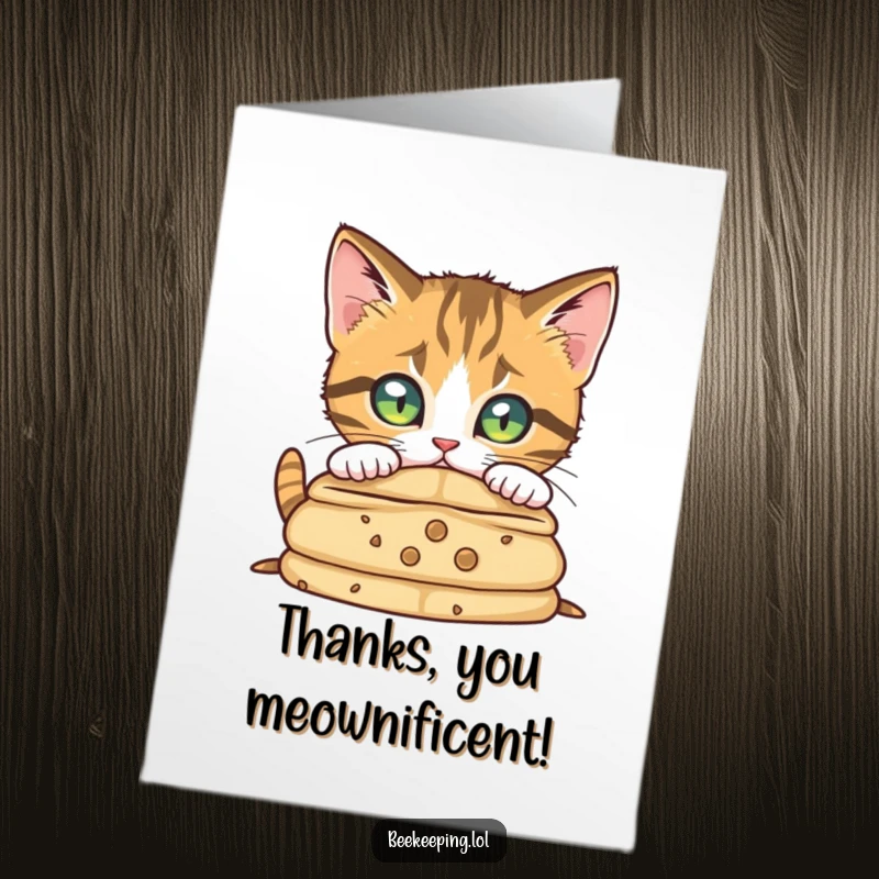 Free Printable Thank You Card: A curious cat with focused eyes inspects a beehive, offering thanks for sweet gestures.