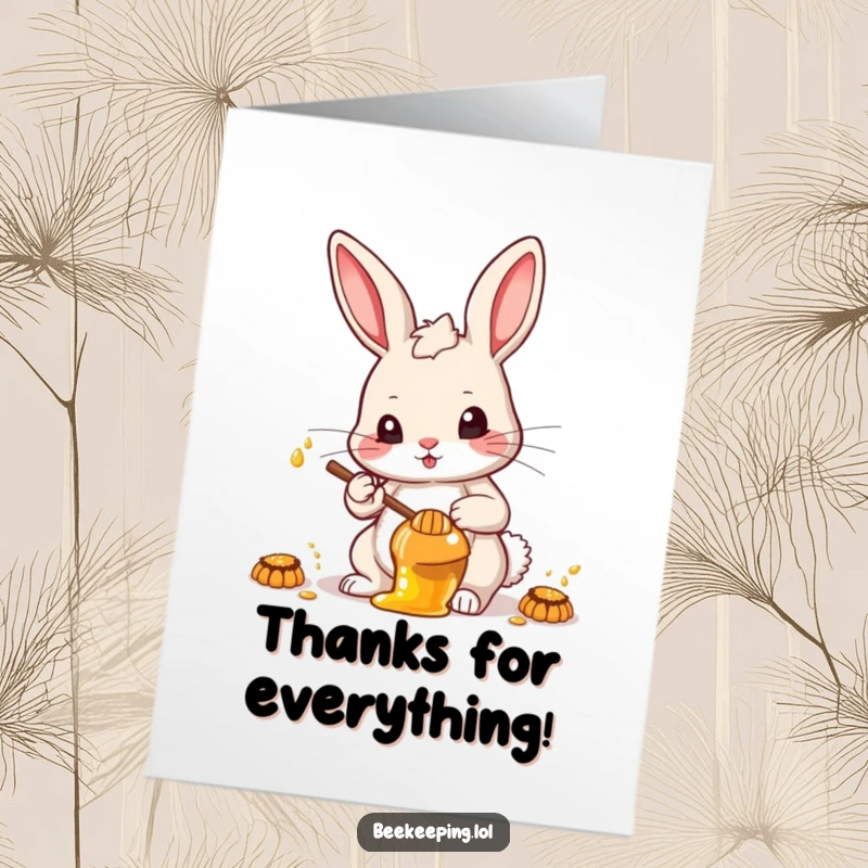 Free Printable Thank You Card: A determined rabbit intently collects honey, showing appreciation with a serious look.