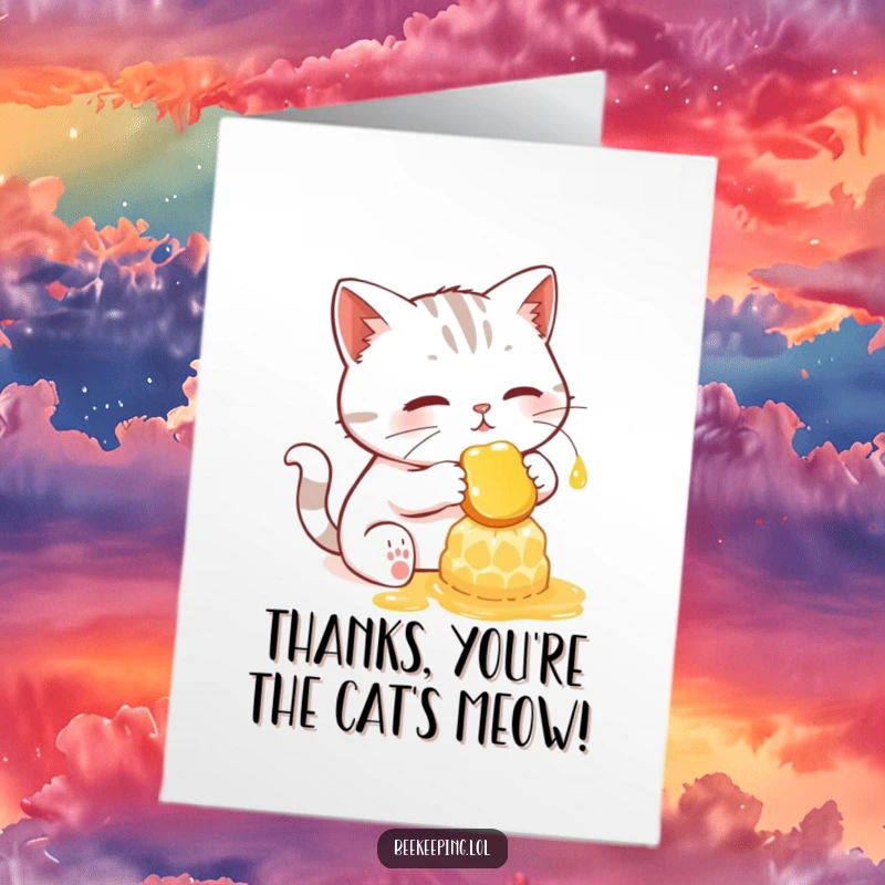 Funny Free Printable Thank You Card: A determined cat harvesting honey from a glowing comb.