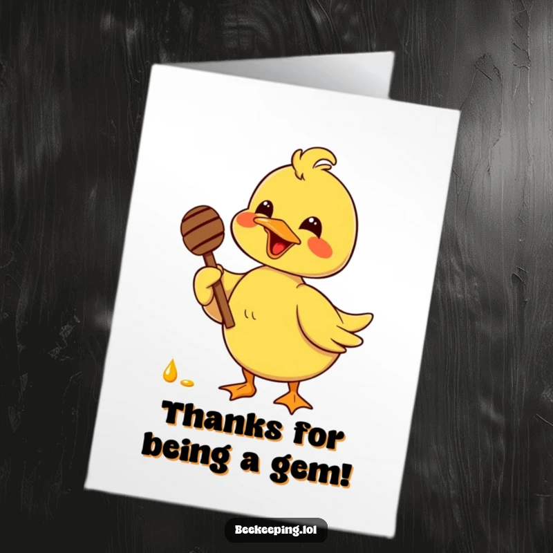 Funny Free Printable Thank You Card featuring a delighted duck holding a honey dipper, conveying heartfelt thanks.