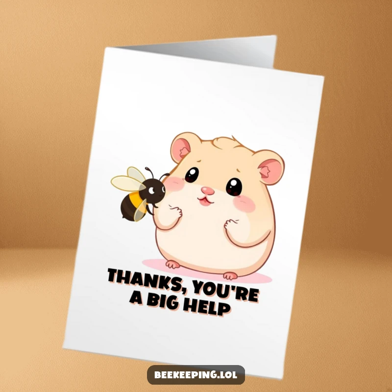 Funny Free Printable Thank You Card illustration of a plump hamster with startled wide eyes facing a single, oversized bee, perfect for downloadable thanks.
