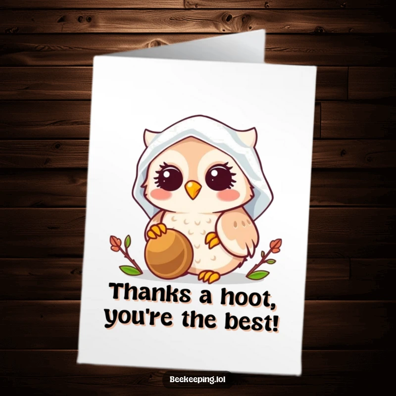 Funny free printable thank you card featuring a smiling owl tending a beehive, conveying sweet gratitude.