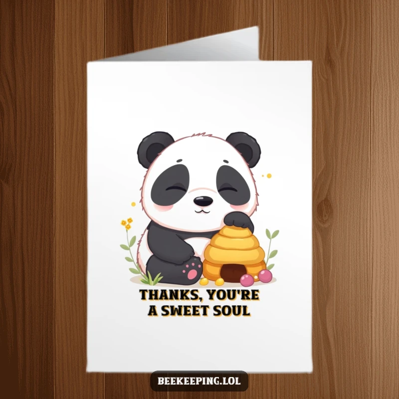 Free Printable Thank You Card illustration of a contented panda cub looking sleepy next to a peaceful beehive, perfect for downloadable thanks.