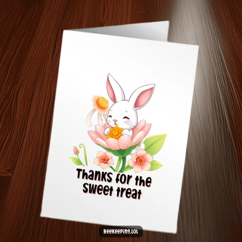 Funny Free Printable Thank You Card: A playful bunny sipping nectar from a giant flower, sending thanks.