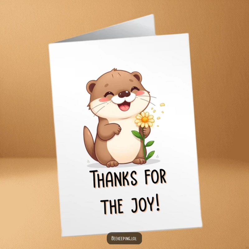 Free Printable Thank You Card: A playful otter with a happy grin sprinkles a flower, offering thanks with a smile.