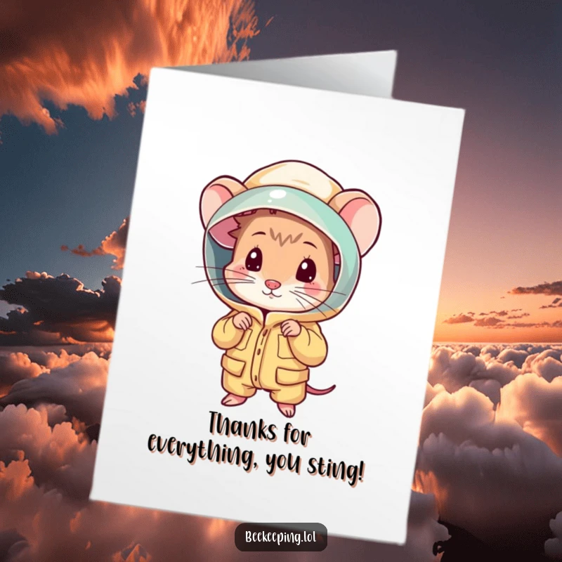 Funny Free Printable Thank You Card: A shy mouse cautiously peeking from a beekeeping suit, offering a small flower as thanks. Adorable and funny.